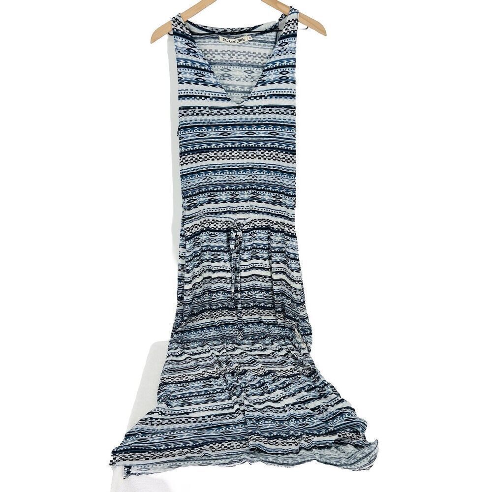 Michael Stats Maxi Dress Blue Geometric Size XSmall Cinch Waist